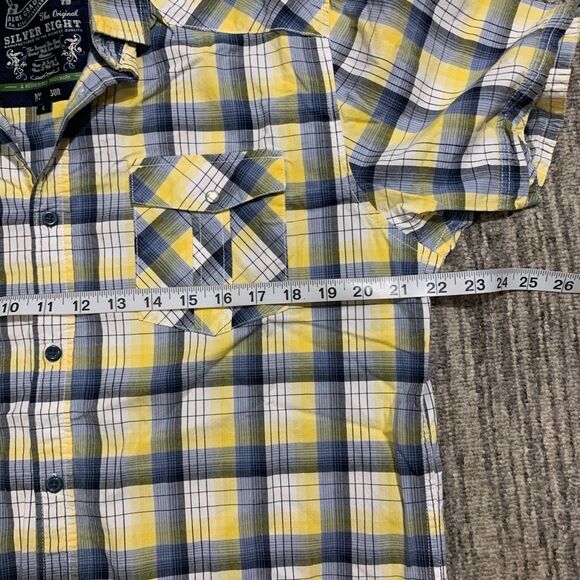 Silver Eight Mens L Button Front Plaid Shirt Blue Yellow Short‎ Sleeve Cotton - Picture 4 of 6
